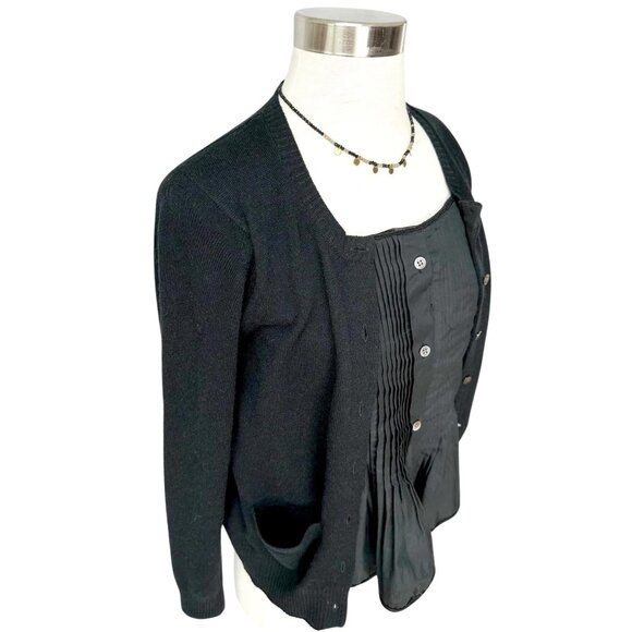 Sacai Japanese Black Cotton Pleat & Cardigan Layer Top - Picture 2 of 14